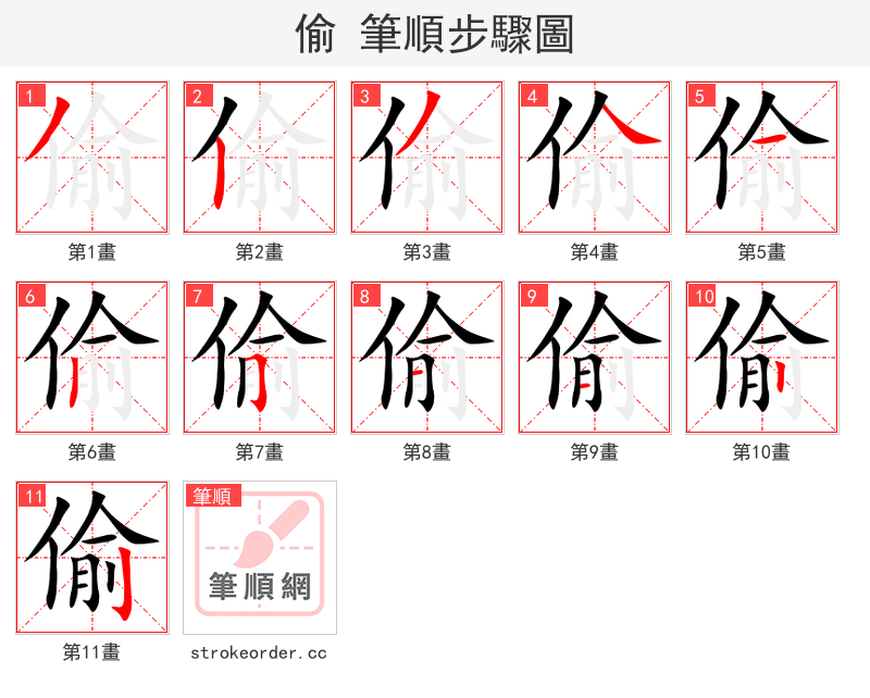 偷 的笔顺分步演示（一笔一画写字）