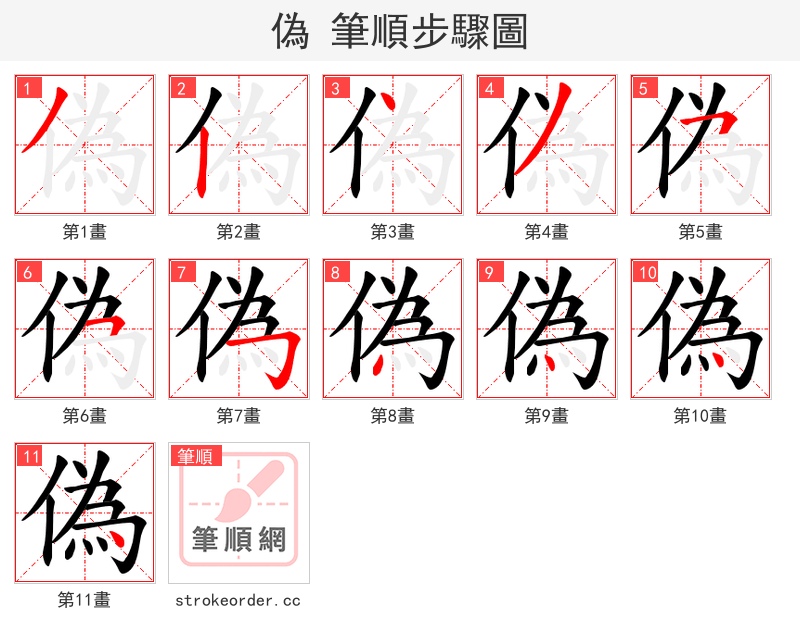 偽 的笔顺分步演示（一笔一画写字）