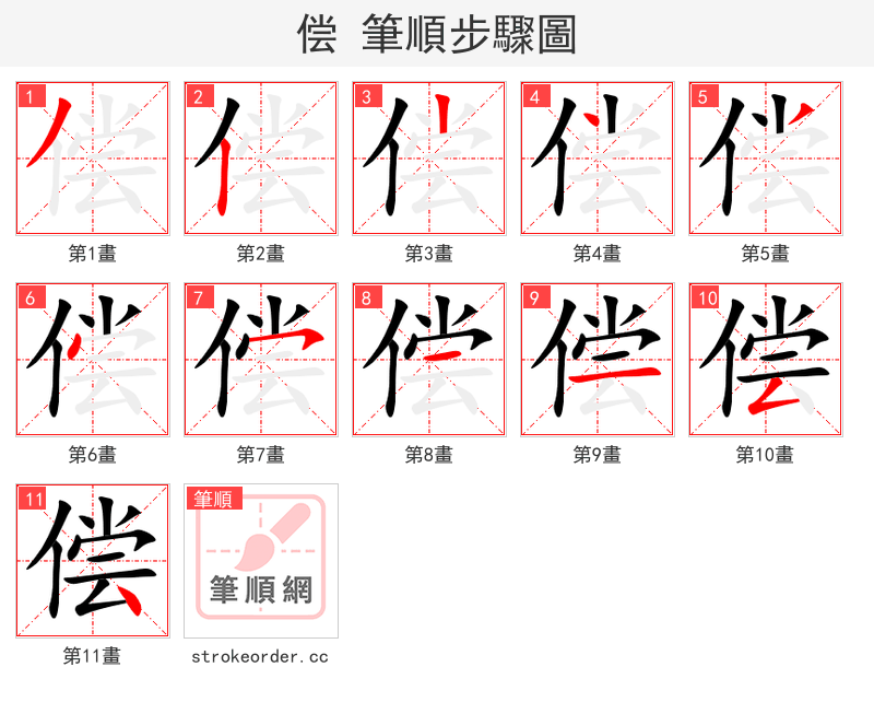 偿 的笔顺分步演示（一笔一画写字）