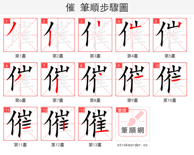 催 的笔顺分步演示（一笔一画写字）