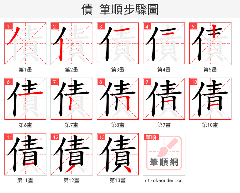 債 的笔顺分步演示（一笔一画写字）