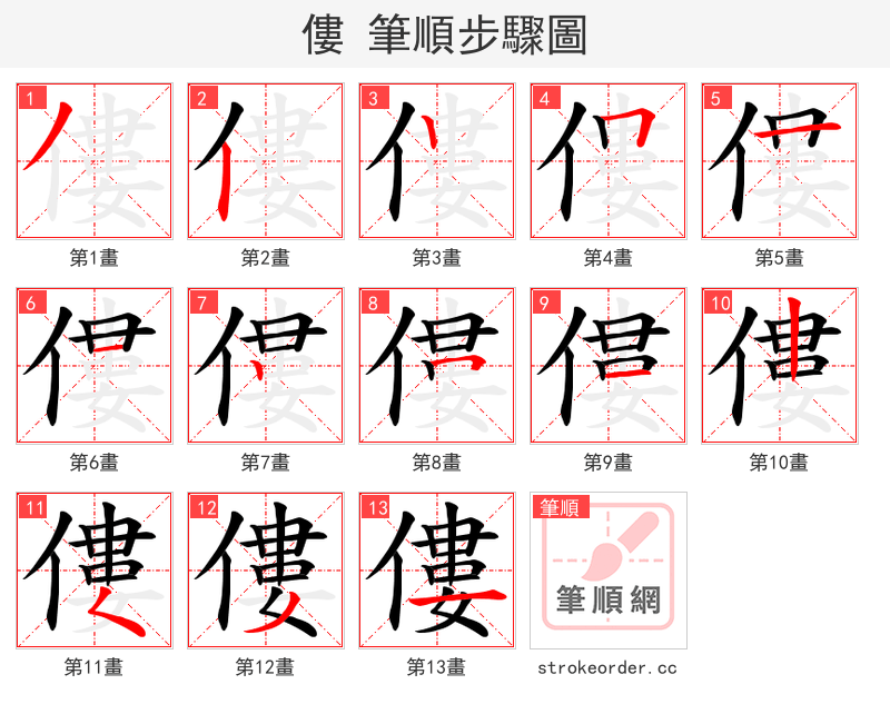 僂 的笔顺分步演示（一笔一画写字）
