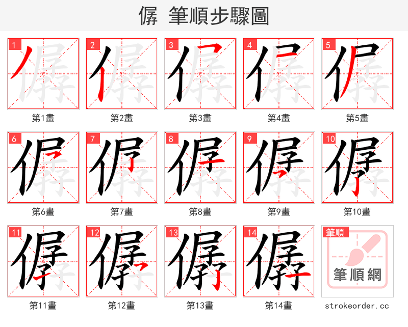 僝 的笔顺分步演示（一笔一画写字）