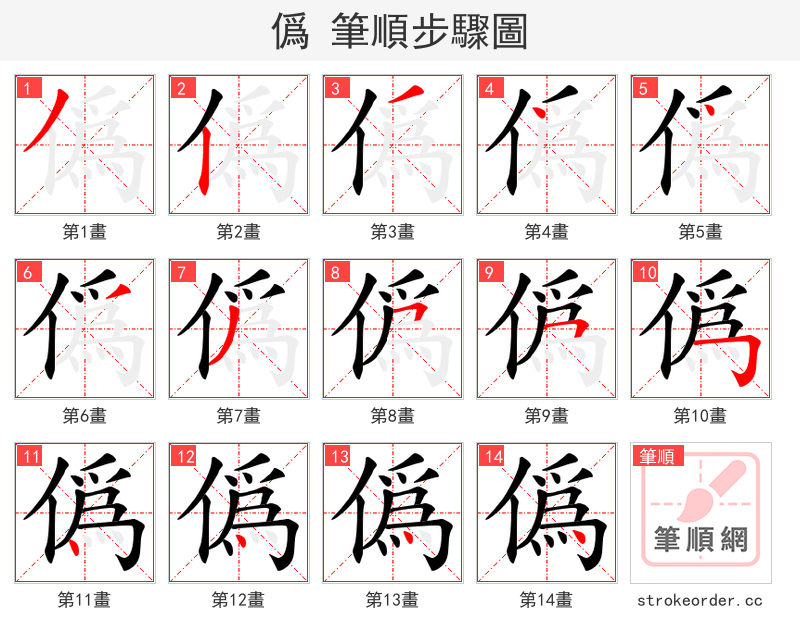 僞 的笔顺分步演示（一笔一画写字）