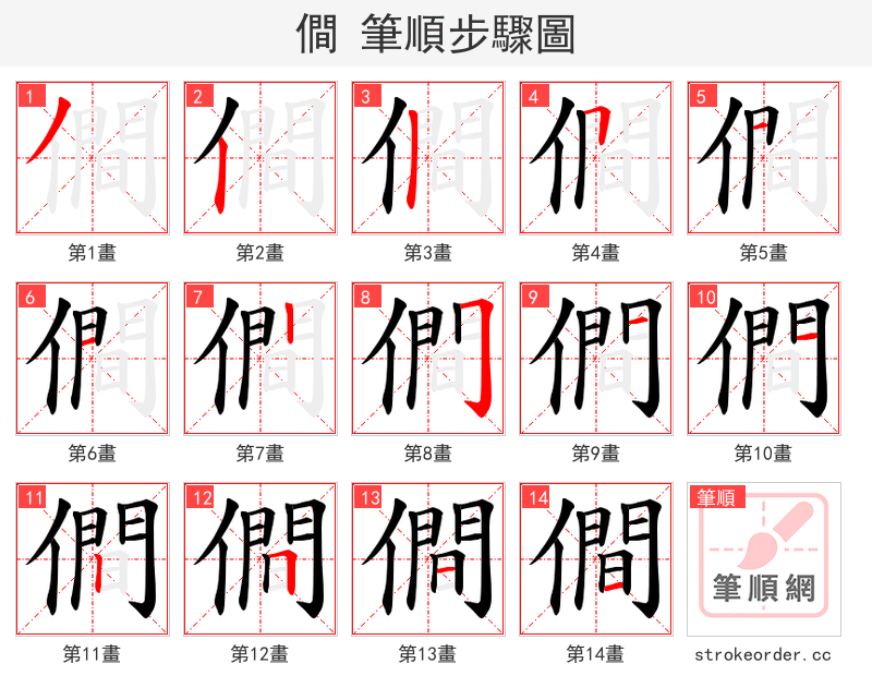 僴 的笔顺分步演示（一笔一画写字）