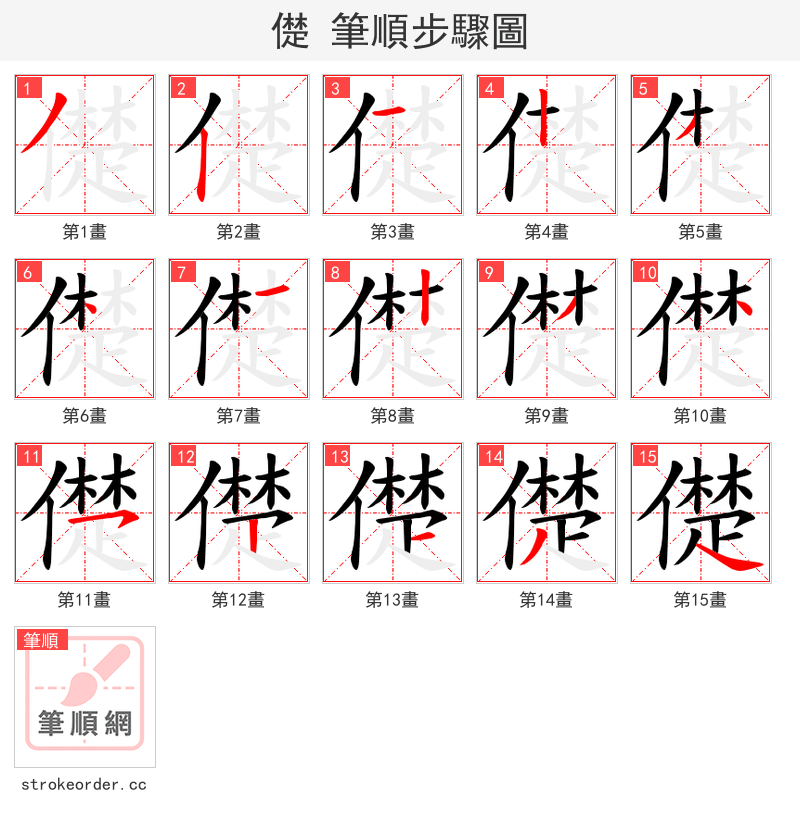 儊 的笔顺分步演示（一笔一画写字）