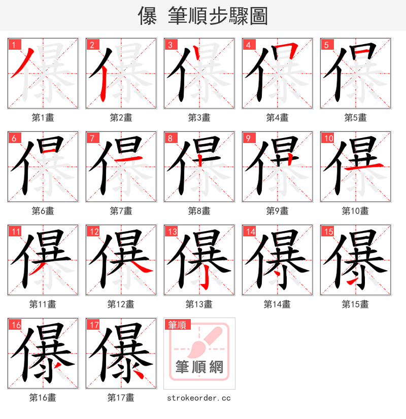儤 的笔顺分步演示（一笔一画写字）