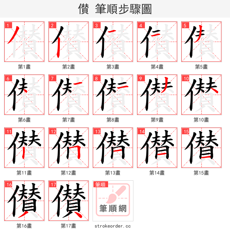 儧 的笔顺分步演示（一笔一画写字）