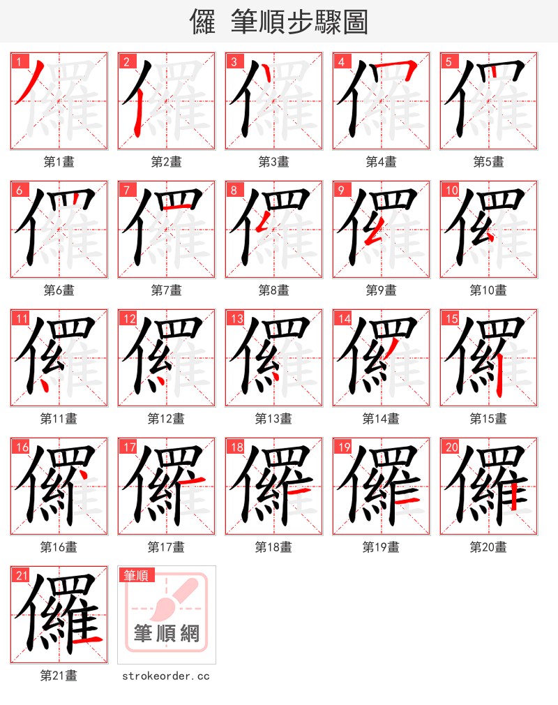 儸 的笔顺分步演示（一笔一画写字）