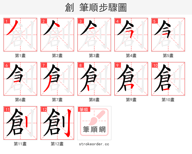 創 的笔顺分步演示（一笔一画写字）