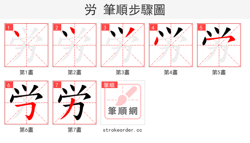労 的笔顺分步演示（一笔一画写字）