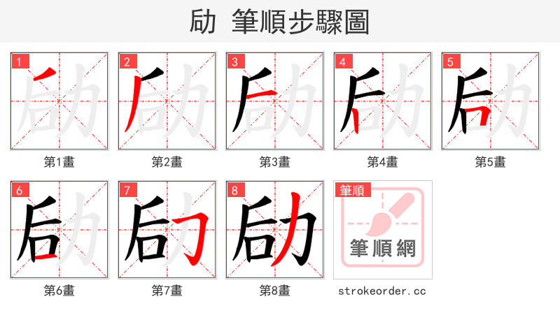 劶 的笔顺分步演示（一笔一画写字）