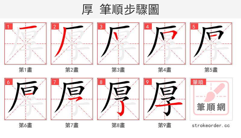 厚 的笔顺分步演示（一笔一画写字）