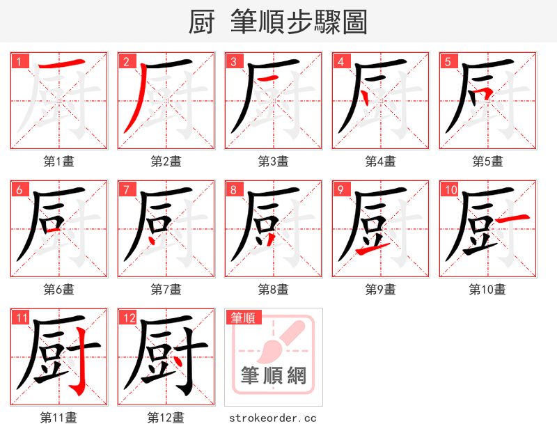 厨 的笔顺分步演示（一笔一画写字）