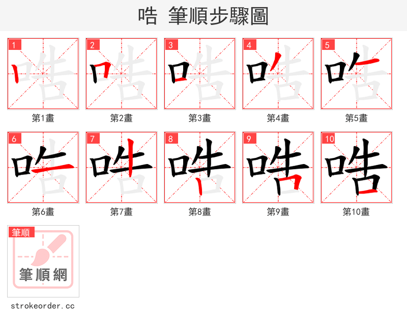 哠 的笔顺分步演示（一笔一画写字）