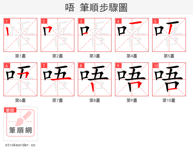 唔 的笔顺分步演示（一笔一画写字）