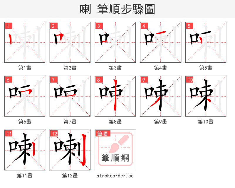 喇 的笔顺分步演示（一笔一画写字）