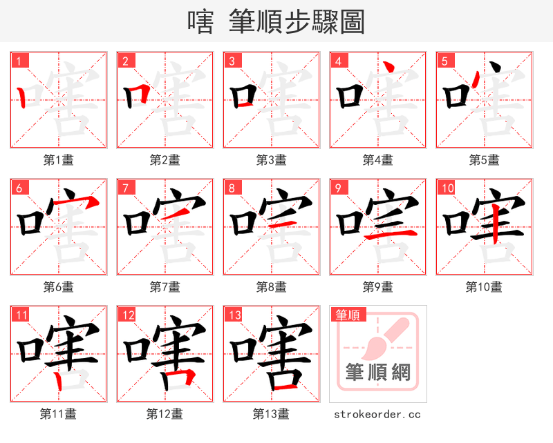 嗐 的笔顺分步演示（一笔一画写字）