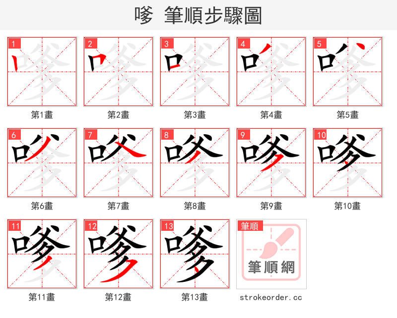 嗲 的笔顺分步演示（一笔一画写字）