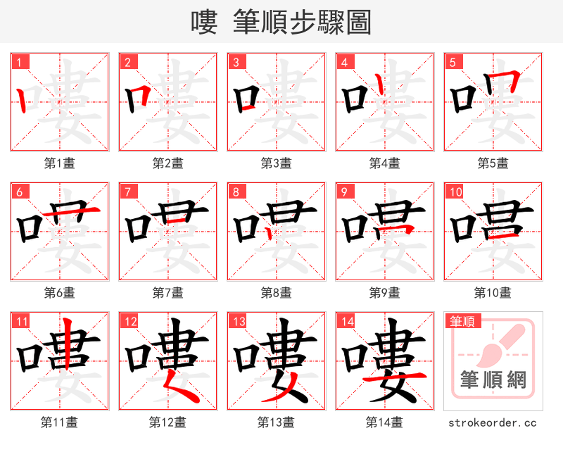 嘍 的笔顺分步演示（一笔一画写字）