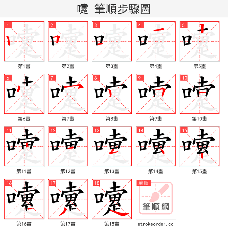 嚔 的笔顺分步演示（一笔一画写字）