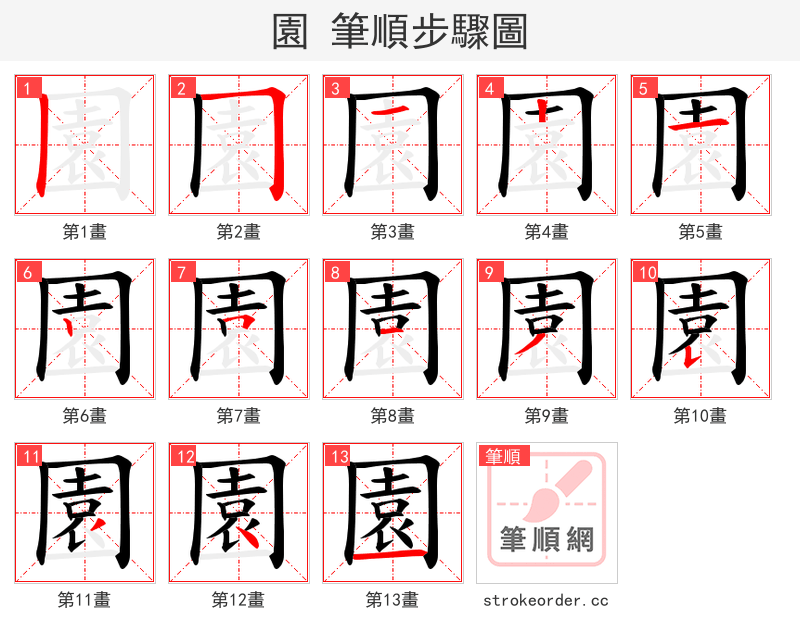園 的笔顺分步演示（一笔一画写字）