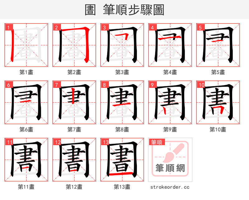 圕 的笔顺分步演示（一笔一画写字）