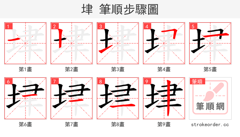 垏 的笔顺分步演示（一笔一画写字）