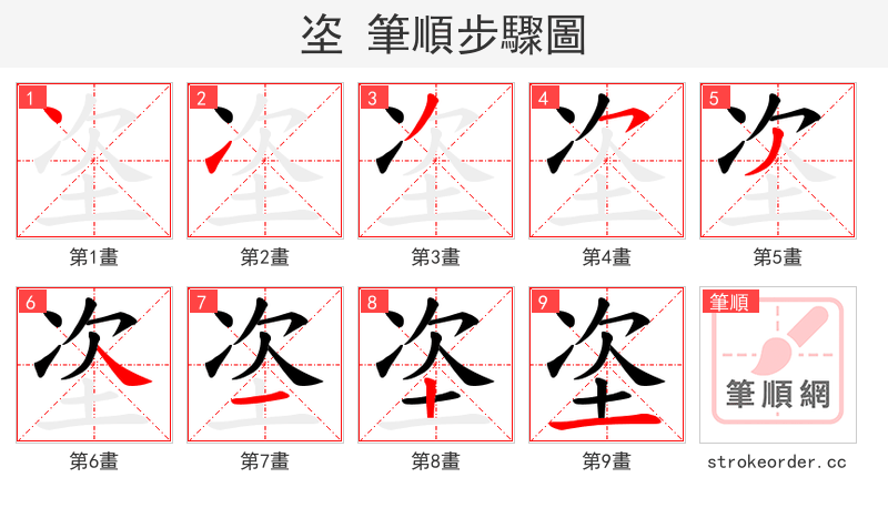 垐 的笔顺分步演示（一笔一画写字）