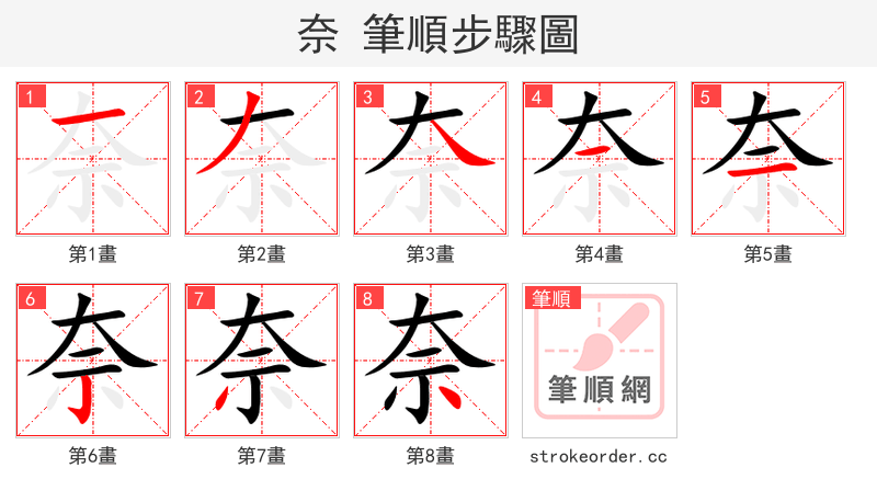 奈 的笔顺分步演示（一笔一画写字）