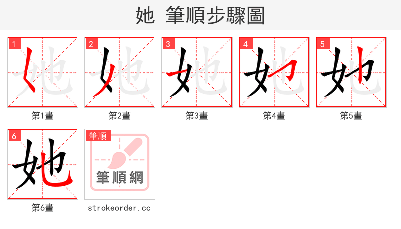 她 的笔顺分步演示（一笔一画写字）