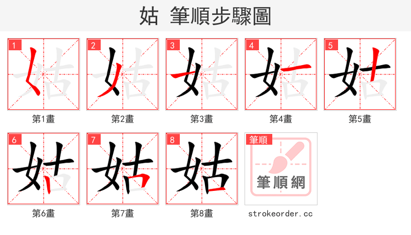 姑 的笔顺分步演示（一笔一画写字）