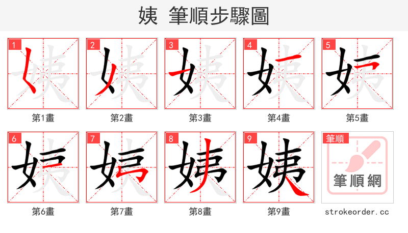 姨 的笔顺分步演示（一笔一画写字）
