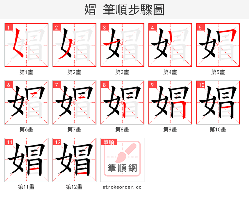 媢 的笔顺分步演示（一笔一画写字）