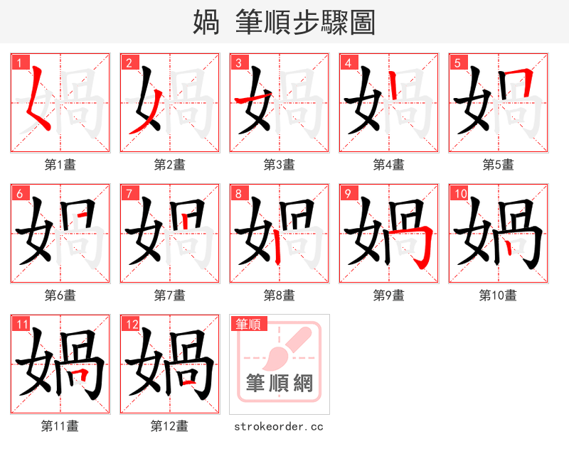 媧 的笔顺分步演示（一笔一画写字）