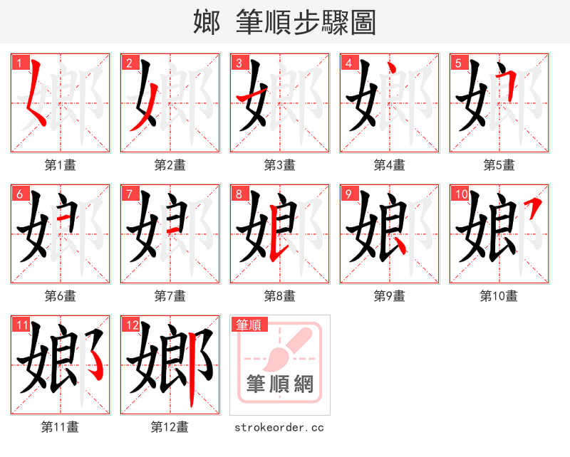 嫏 的笔顺分步演示（一笔一画写字）