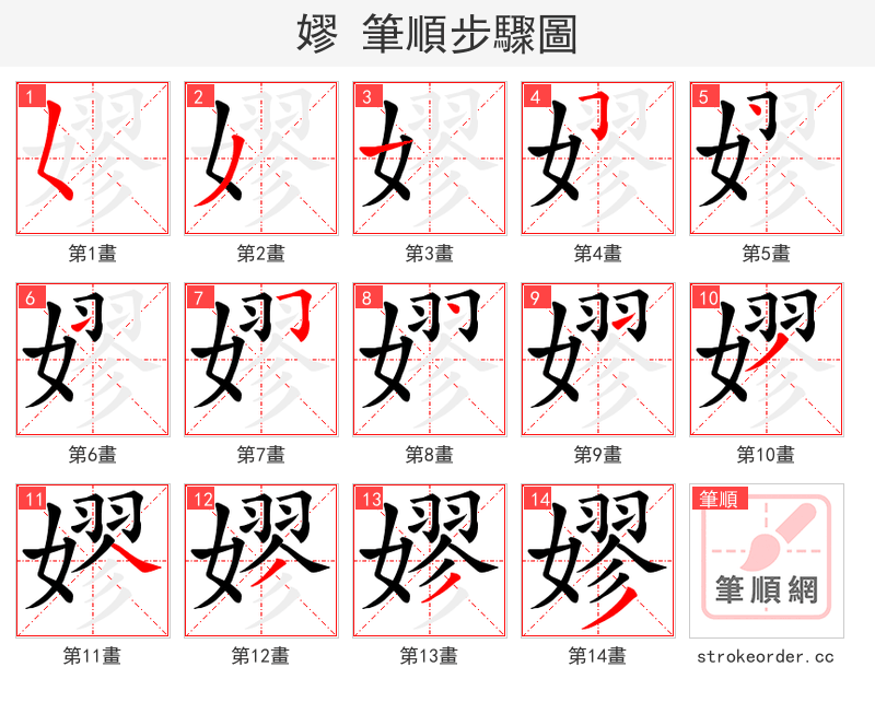 嫪 的笔顺分步演示（一笔一画写字）