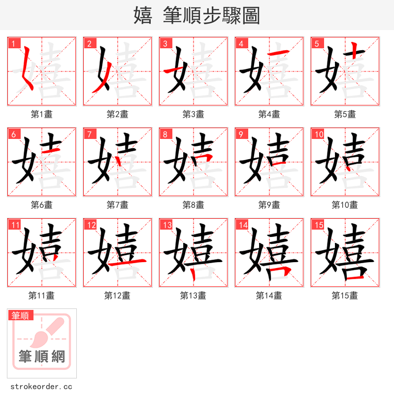stroke order steps of 嬉