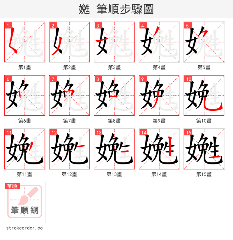 嬎 的笔顺分步演示（一笔一画写字）