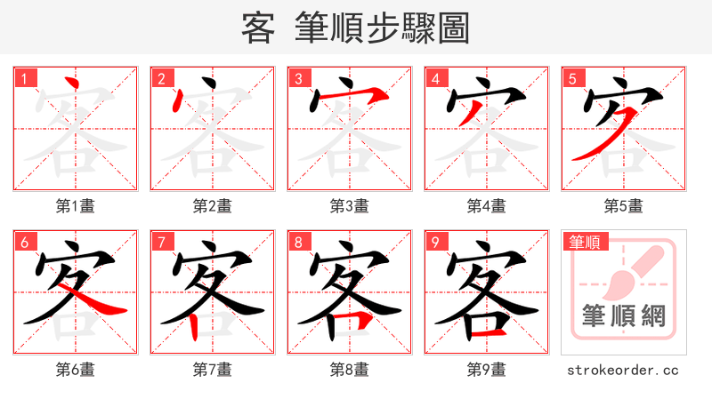 客 的笔顺分步演示（一笔一画写字）