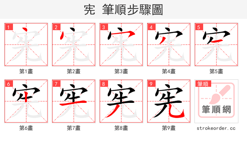宪 的笔顺分步演示（一笔一画写字）