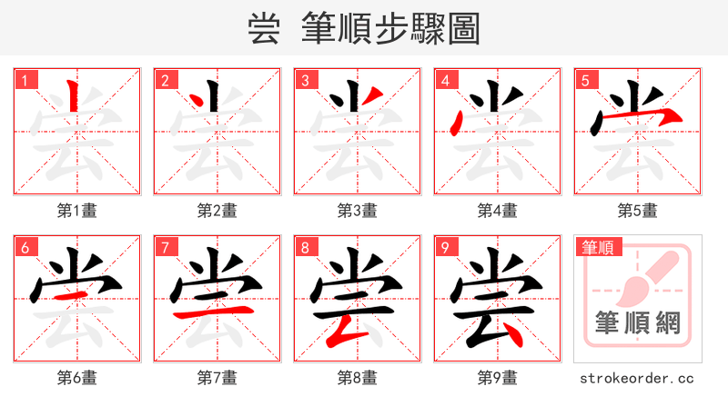 尝 的笔顺分步演示（一笔一画写字）