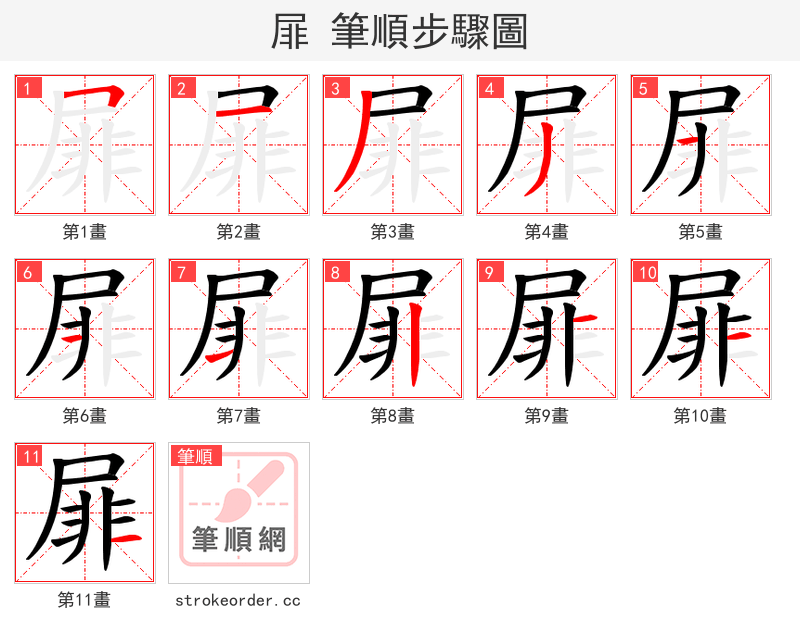 屝 的笔顺分步演示（一笔一画写字）
