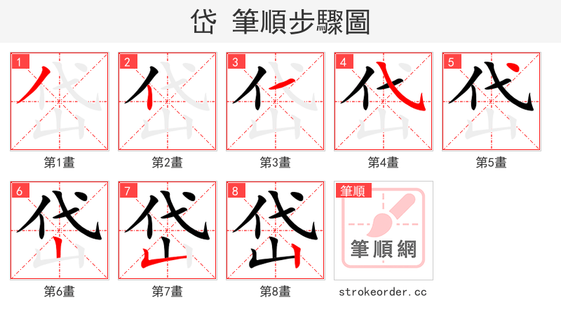 岱 的笔顺分步演示（一笔一画写字）