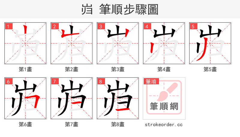 岿 的笔顺分步演示（一笔一画写字）