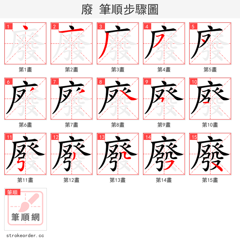 廢 的笔顺分步演示（一笔一画写字）