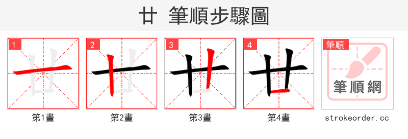 廿 的笔顺分步演示（一笔一画写字）