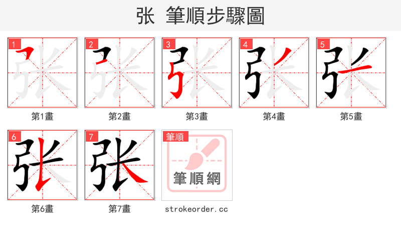 张 的笔顺分步演示（一笔一画写字）