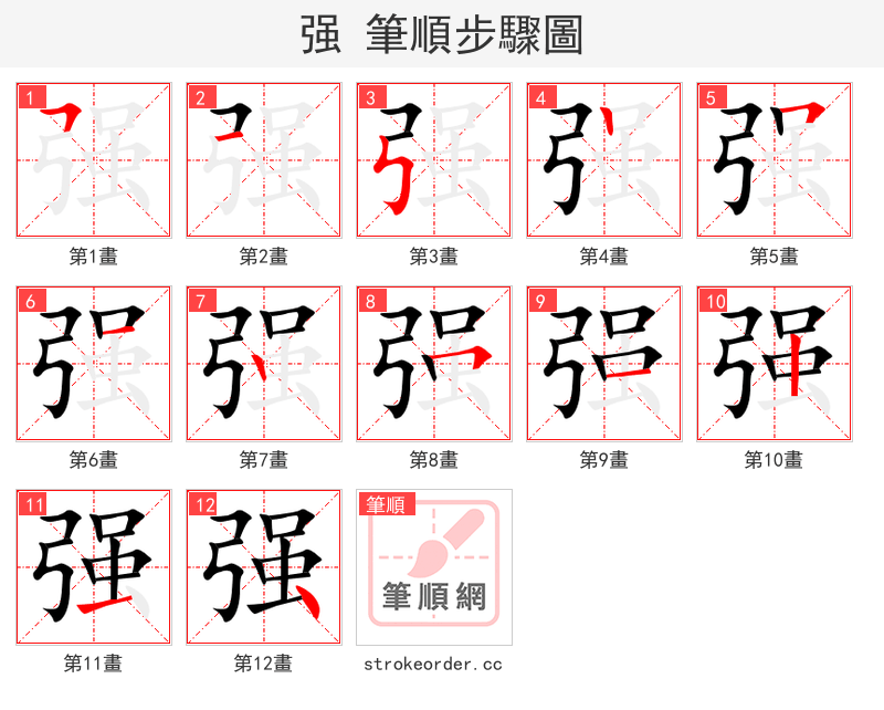 强 的笔顺分步演示（一笔一画写字）