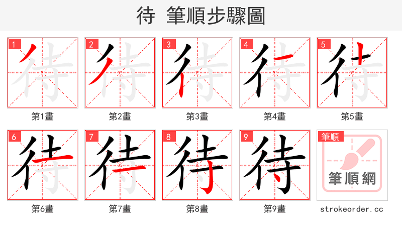 待 的笔顺分步演示（一笔一画写字）